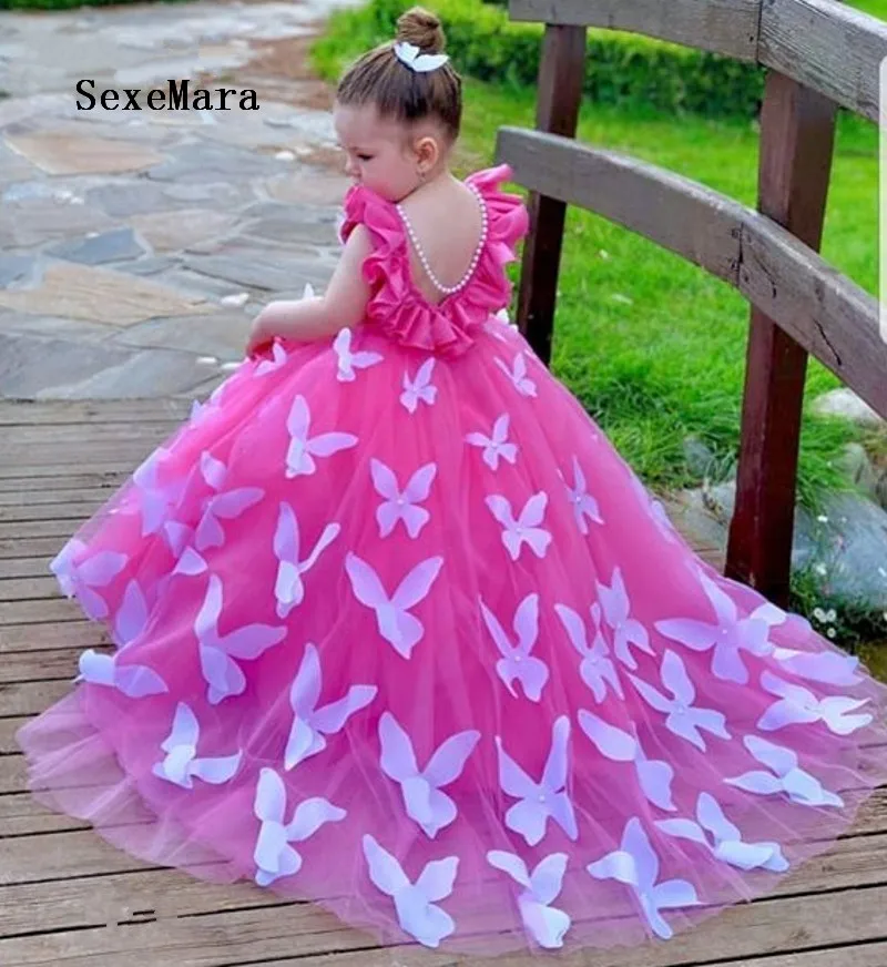 Cute Baby Girls Birthday Party Dress with Pearls Back 3D Butterflies Little Princess Photoshoot | Детская одежда и обувь