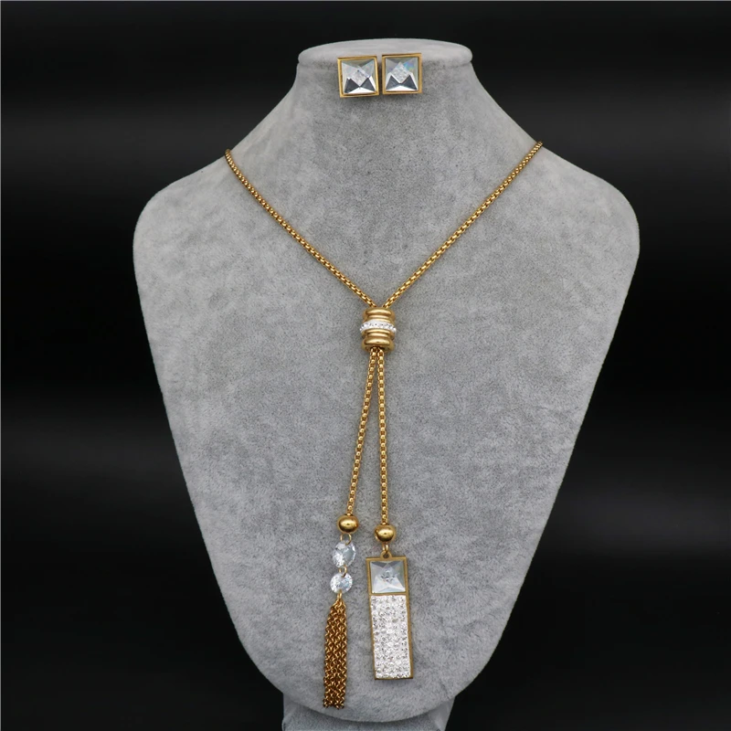 

High Quality Fashion Stainless Steel Jewelry sets Long Chain Necklace earrings sets For Woman
