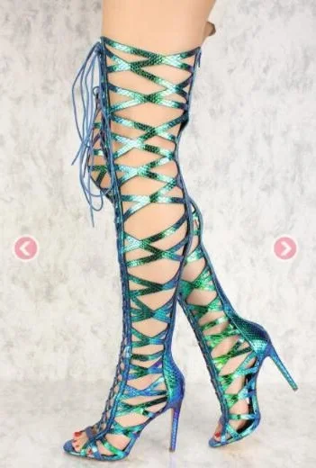 

Drop Shipping Summer 2019 New Brand Woman Blue Nude Gold Black Cuts Out Open Toe Cross Lace Up Thin Heels Sandals Long Boots