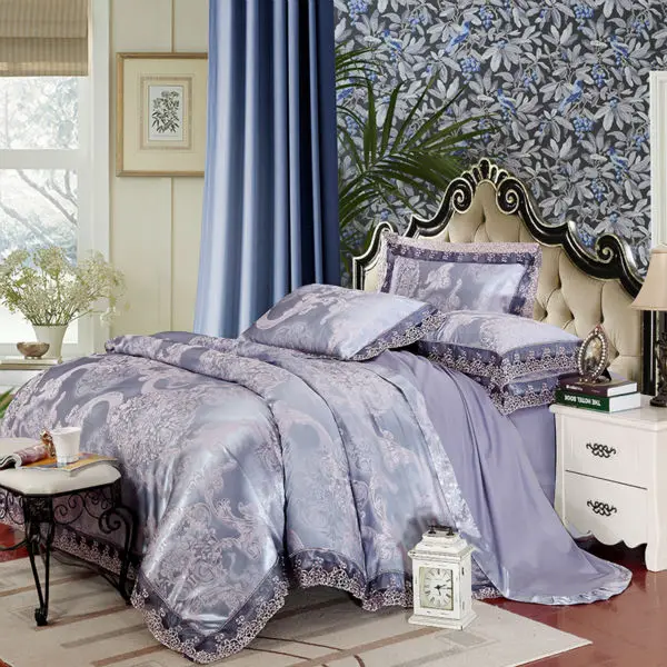 

European style flower print bedding sets light purple linens silk cotton jacquard 4/6pcs Queen/King duvet cover set sheets sets