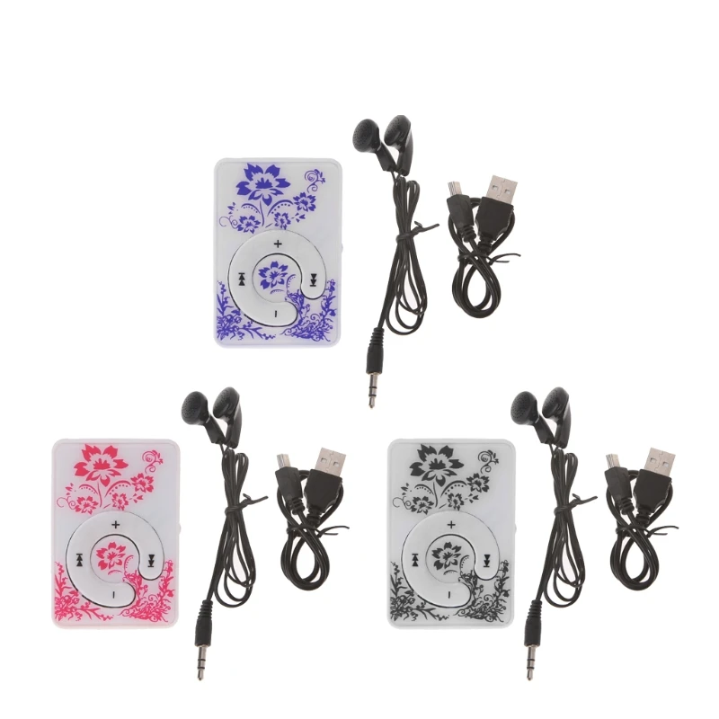 Mini Clip Floral Pattern Music MP3 Player 32GB TF Card With Mini USB Cable + Earphone