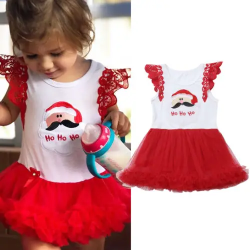 

2018 Cute Kid Baby Girls Clothes Christmas Dress Girl Lace Flower Flying Sleeve Santa Tulle Party Dress Pageant Tutu Dress 1-6Y