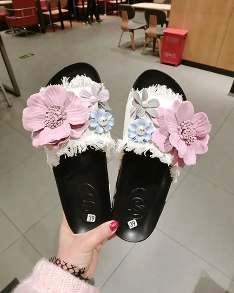 ASILETO/обувь из джинсовой ткани; женские Вьетнамки с цветочным принтом; пляжные шлепанцы; Босоножки на платформе; женская летняя обувь; джинсовые шлепанцы; pantoufle - Цвет: White