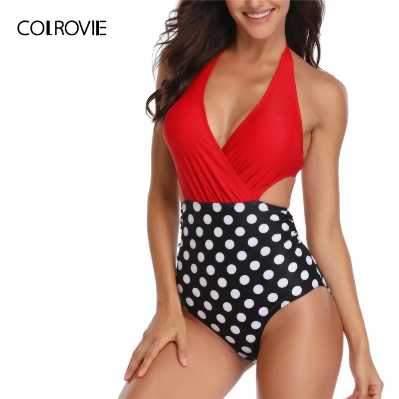 

COLROVIE Polka Dot Wrap Halter Monokini One Piece Swimsuit Women Sexy High Waist Swimwear 2019 Summer Swimsuit Sexy Beachwear