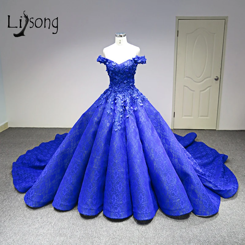 

Dubai Royal Blue Floral Prom Dresses 2018 Lace Pearls Crystal Puffy Ball Gowns Saudi Arabic Long Prom Gowns Abendkleider