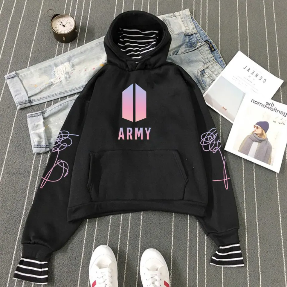 

KPOP Bangtan Boys Hoodies Army KPOP Logo Pullovers Hoodies and Sweatshirts Women Striped Patchwork Fake Two Pieces Clothes A5391