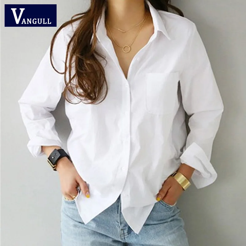 

Vangull Spring Boyfriend Style Women Shirt Summer Blouse Top Long Sleeve Casual White Turn-down Collar OL Shirts Women Blouses