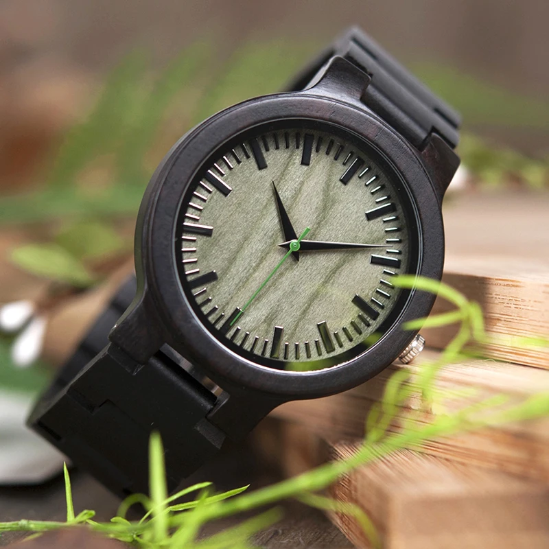 BOBO BIRD Bamboo Wooden Men Watch Relogio Quartz Wristwatch Male Green Face With All Wood Strap kol saati in Gift Box