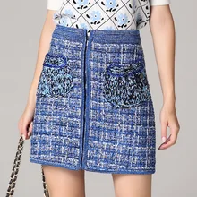 Осенняя дизайнерская Высококачественная Женская шикарная тонкая прямая юбка с карманами из вязаного хлопка, Синие Мини повседневные юбки Saia