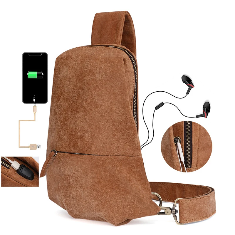 

Leather Chest Bag Fashion Messenger Bag USB Charging Port Shoulder Slung Multi-function Men Bag