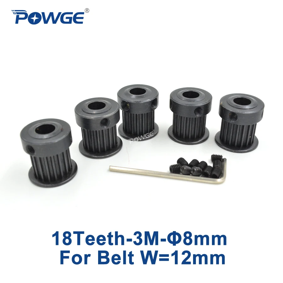 

POWGE Steel 18 Teeth HTD 3M Timing Pulley Bore 8mm for Width12mm 3M Synchronous belt Rubber HTD3M pulley Belt 18Teeth 18T 5pcs