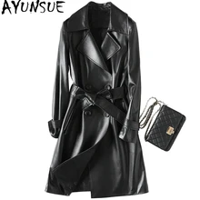 AYUNSUE натуральная кожа женская куртка Мода настоящая овчина длинное пальто Тренч женский с поясом осень зима куртки YFG7019