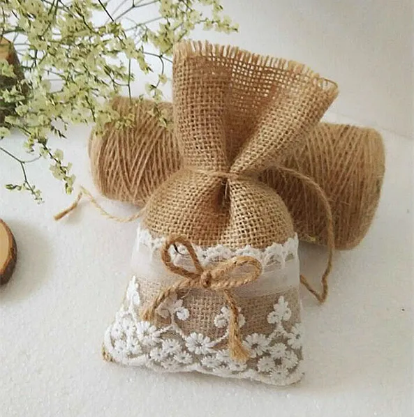 50 toile de jute Dentelle Sacs Cadeau avec ficelle 10x16 см mariage украшения в подарок мешочек