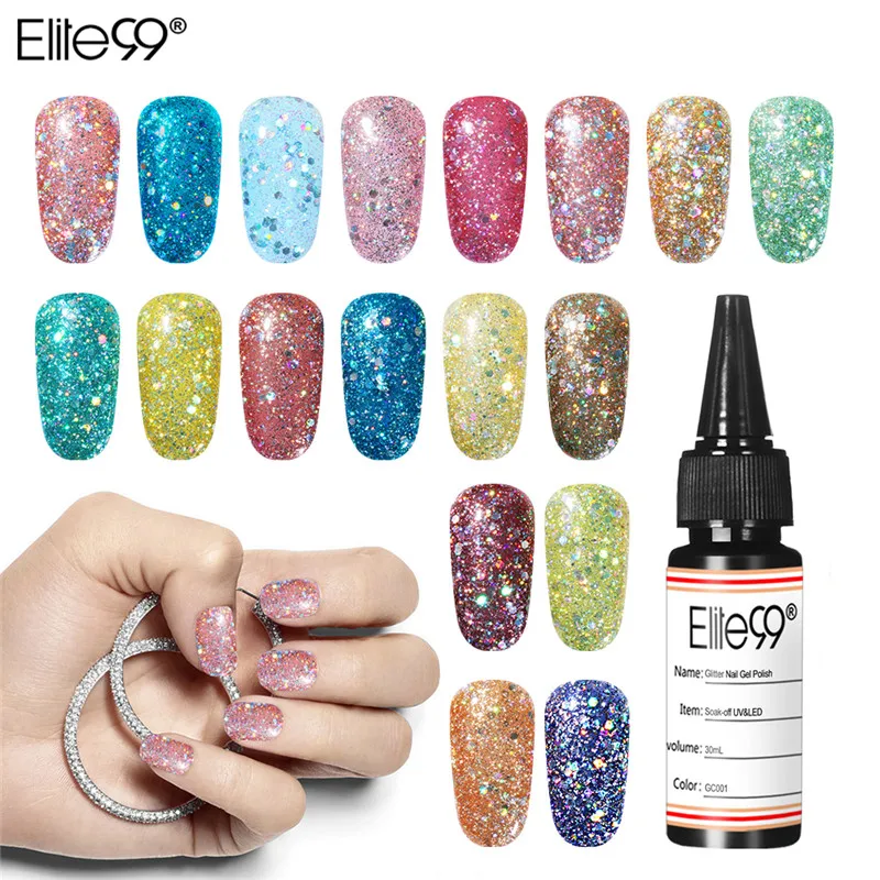 Elite99 30 мл гель для ногтей с блёстками лак замочить от УФ светодиодный основа верхнее покрытие маникюр Декоративный Лак для ногтей лак