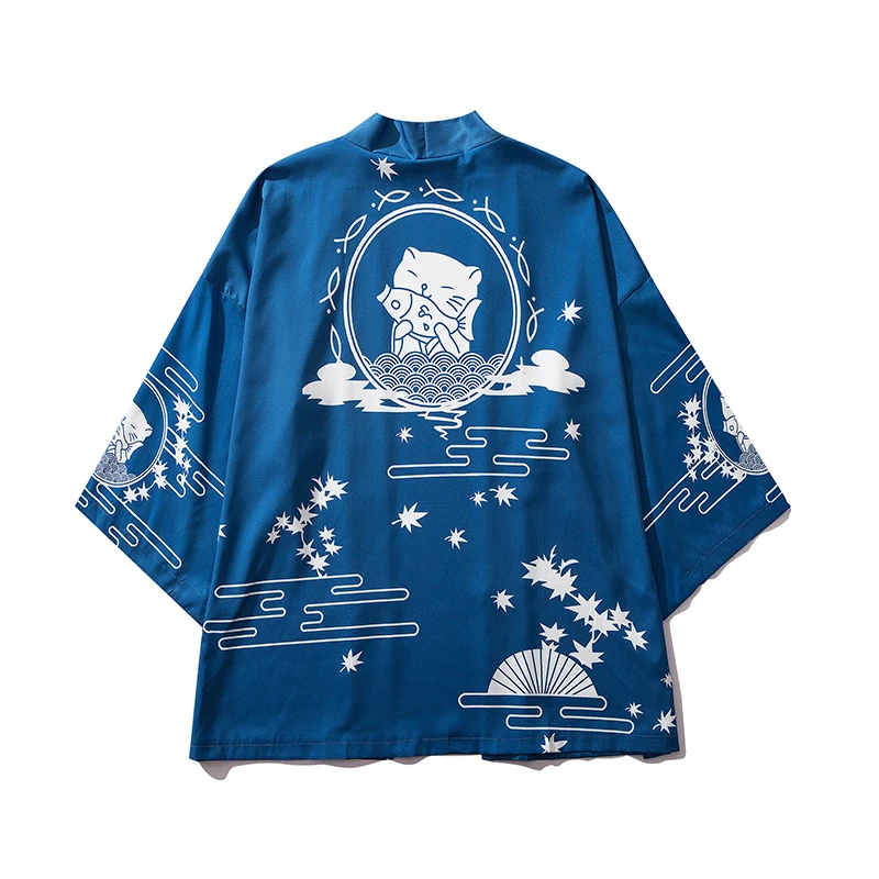 Bebovizi Japan Style Cat Printed Thin Kimono Men Japanese Streetwear Blue Jackets Casual Outerwear 2019