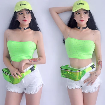 

Jazz Dance Costumes Sexy Outfits For Woman Fluorescent Green Suspenders White Jeans Rave Outfit Dj Ds Singer Stage Wear DN3819