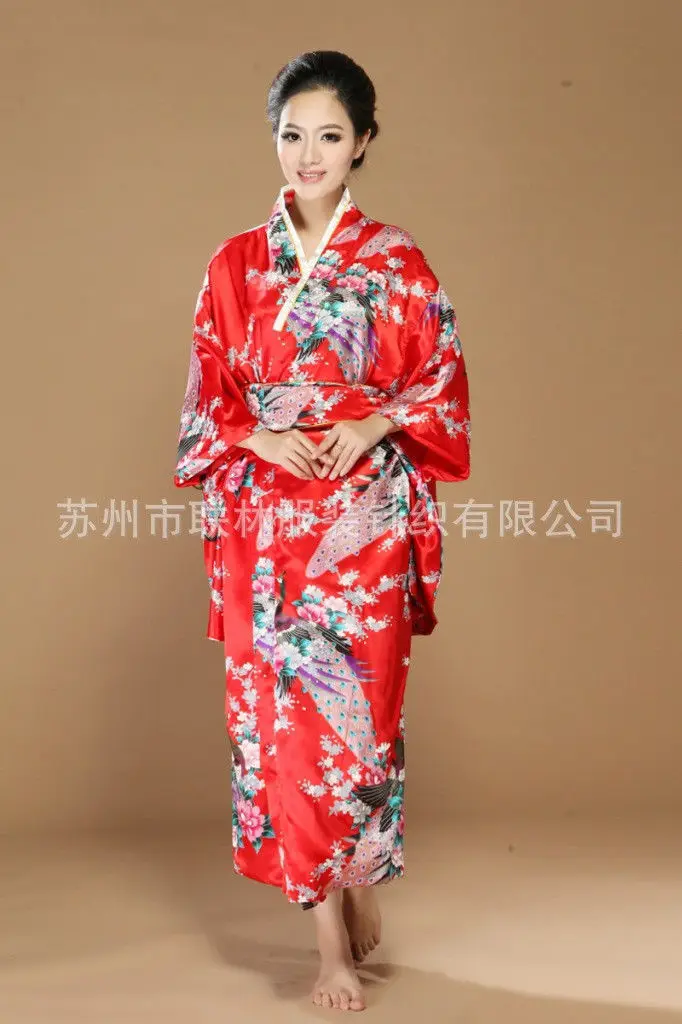 Красный/черный/синий/розовый/белый новые японские женские шелковые атласные кимоно юката вечернее платье Haori кимоно с Obi peafowl один размер