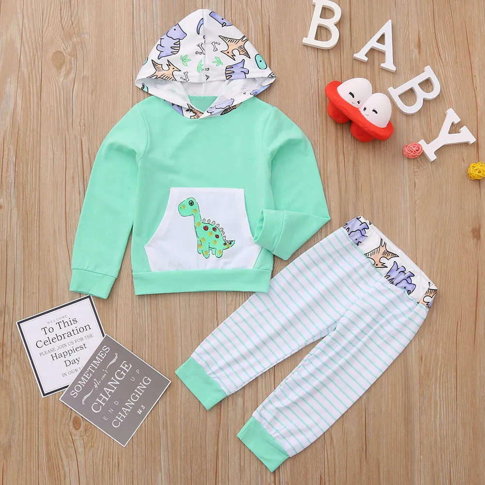 baby christmas clothing set Newborn Infant Baby Boys Girls Hooded Cartoon Dinosaur Print Tops+Striped Pants Outfits clothes Sets