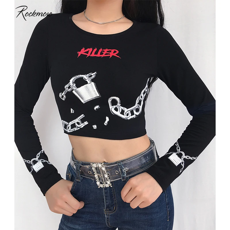 

Rockmore Bodycon Long Sleeve Lock Chain Letter Printed T-shirt Women Crop Tops Tees Cotton Skinny T Shirts Autumn Fall Winter