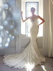 Новое поступление 2019 русалка аппликации V образным вырезом белое свадебное платье кепки рукавом кружево свадебное со шлейфом