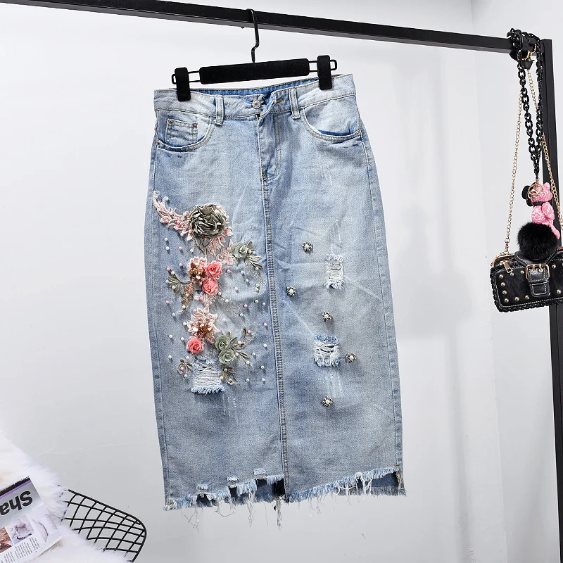 2018 new arrive holes denim appliques floral slim skirt, women's casual