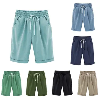 

Casual Women's Shorts Drawstring Elastic Waist Knee Length Plain Curling Bermuda