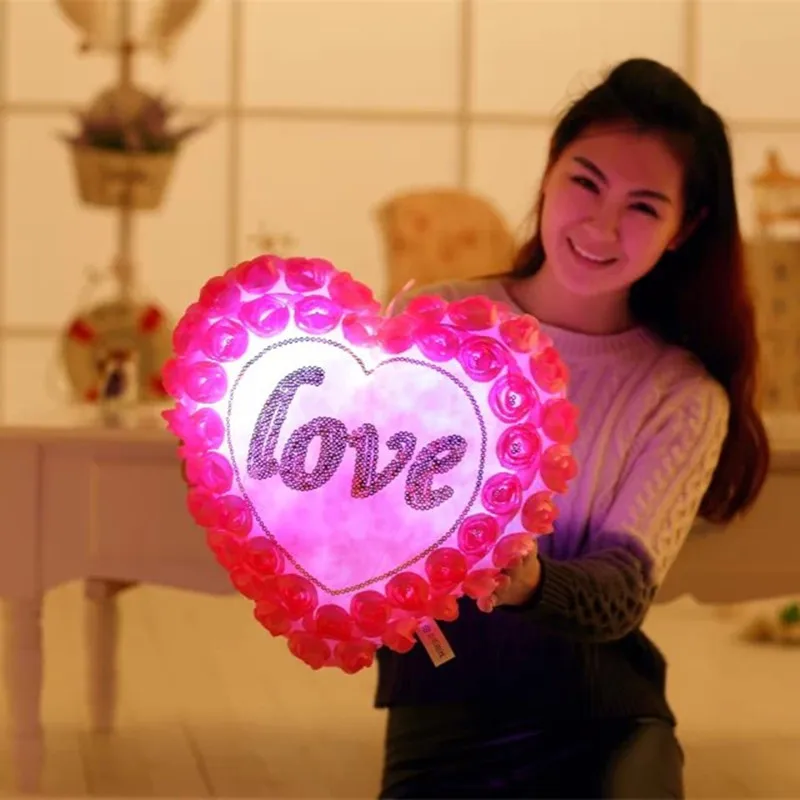 

1Pcs Colorful Pillow Love Heart Roses LED Luminous Light Pillow Plush toys Soft Relax Pillow For Girlfriend Wife Gift WJ451