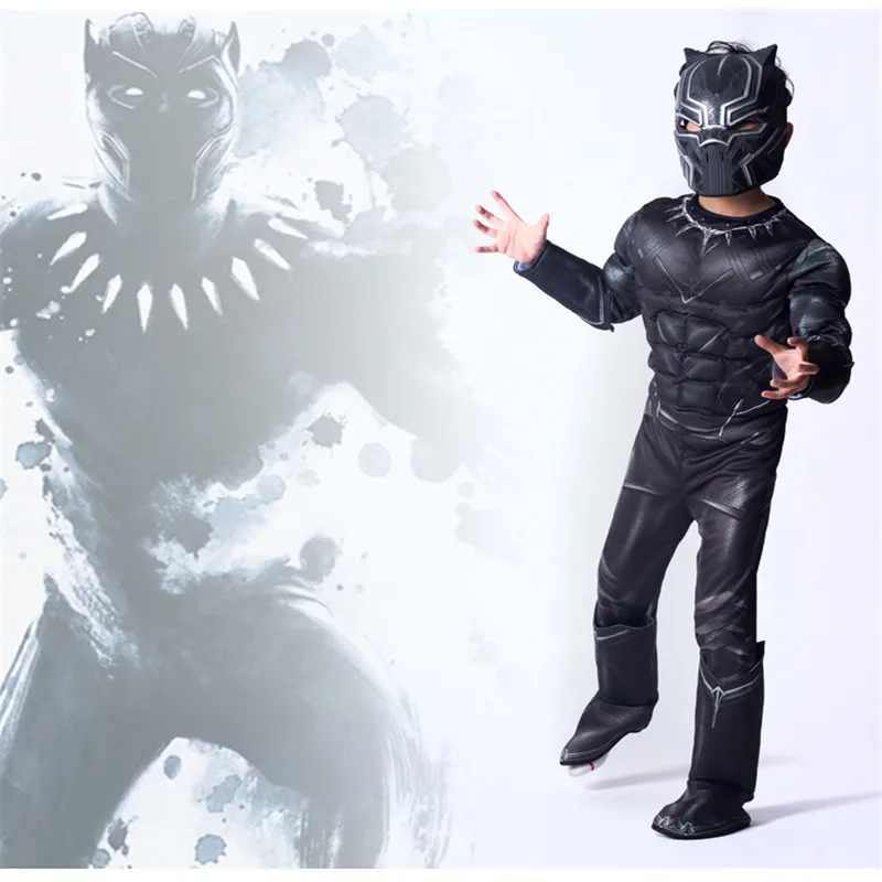 Black Panther Cosplay Kids Child Boy s Black Panther Muscle Costume Jumpsuit Bodysuit Superhero Halloween Cosplay