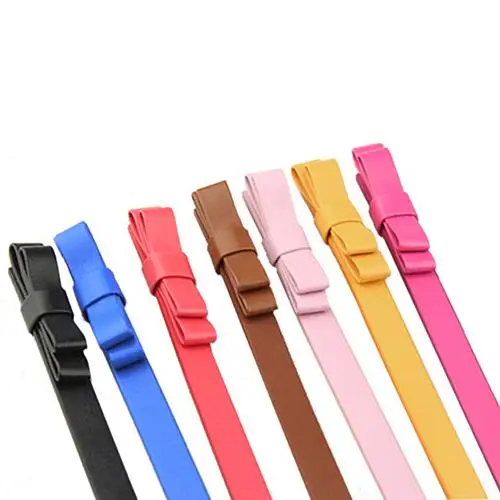 

Women's Candy Color 2 Layers Bowknot Thin Narrow Belt PU Leather Waistband Strap