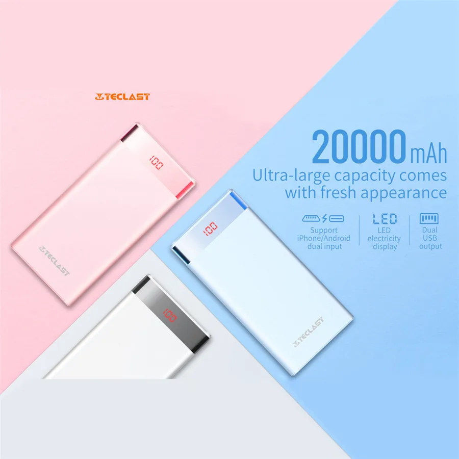 

Teclast 20000mAh Power Bank Dual USB Output 8Pin&Micro USB Input Mobile External Phone Battery for Iphone 8 X Fast Charging