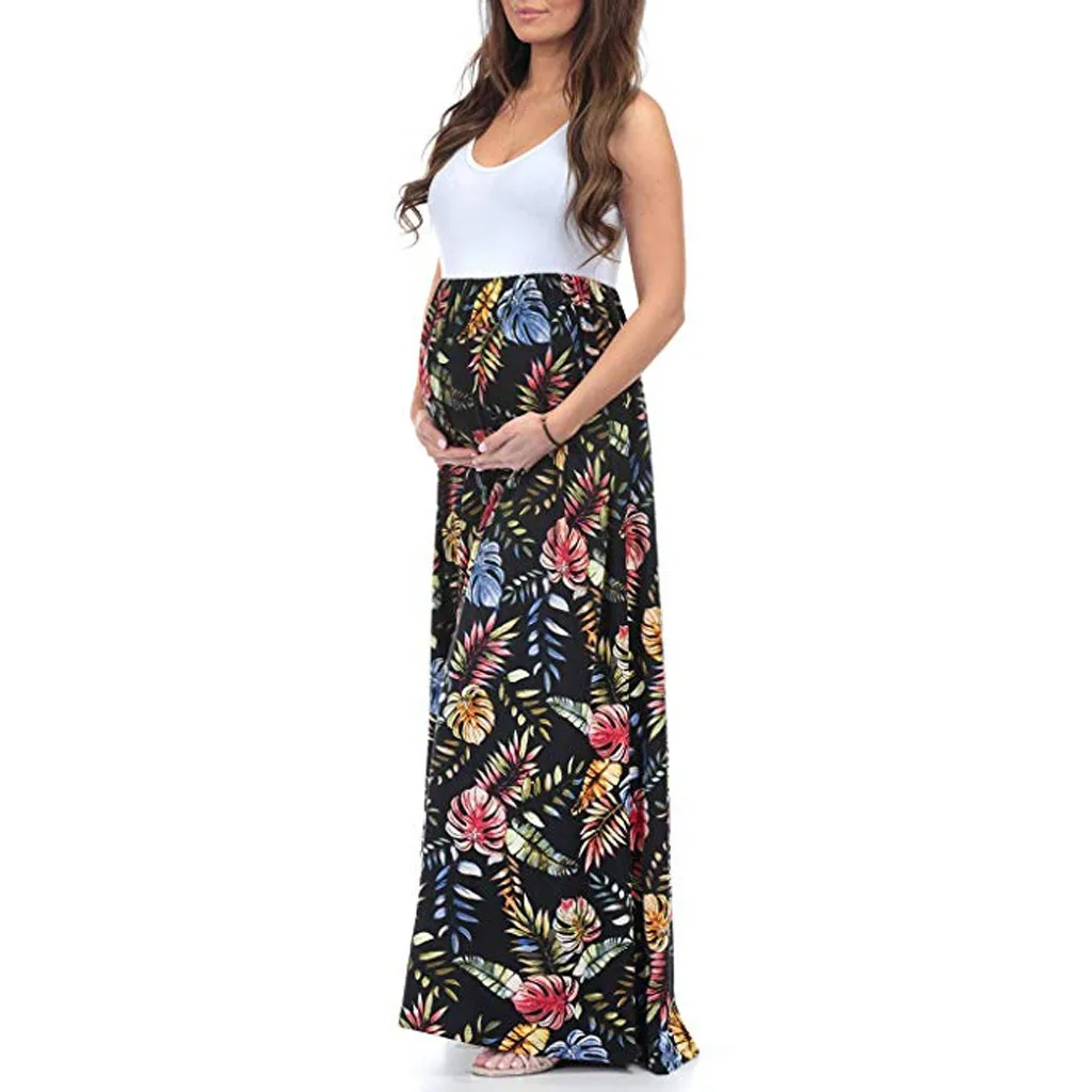 2020 para Mulheres sem Mangas Vetement Femme Maternidade Gravidez Roupas Vestido Ruched Cor Bloco Maxi Emenda 7 Mamãe e Bebê