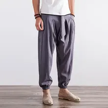 Летние хлопковые льняные тонкие повседневные длинные штаны-шаровары в китайском стиле, однотонные свободные шорты, мужские брюки-галифе в стиле ретро