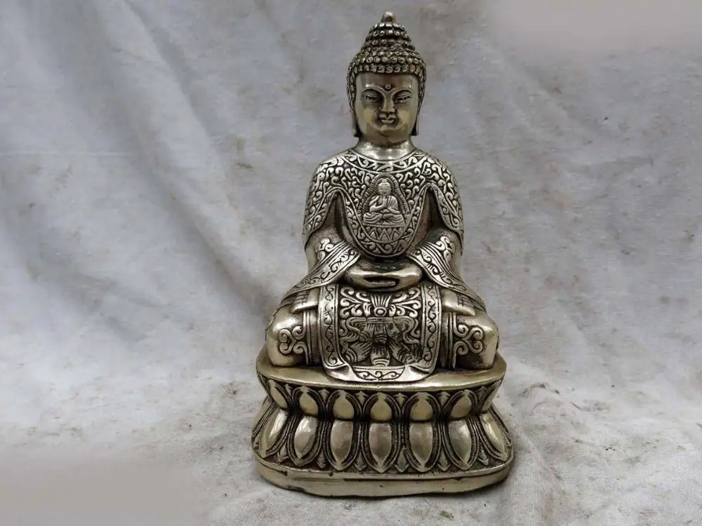

DS 7" China silver carved finely lucky Buddhism Sakyamuni buddha Sculpture Statue