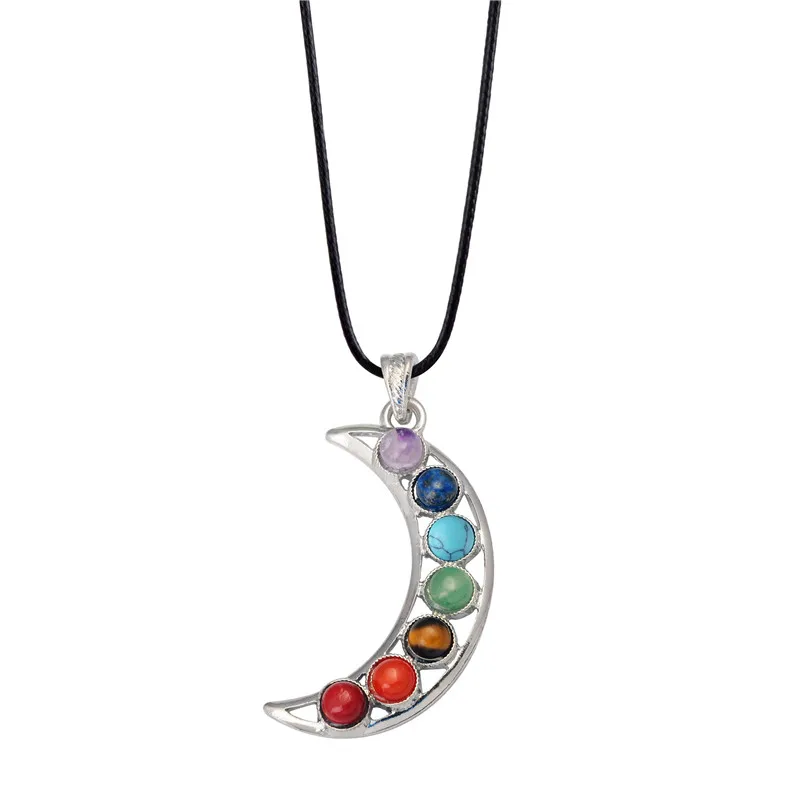 Moon Shape Leather Chains 7 Chakra Stone Beads Yoga Pendant Sports Charm Necklaces