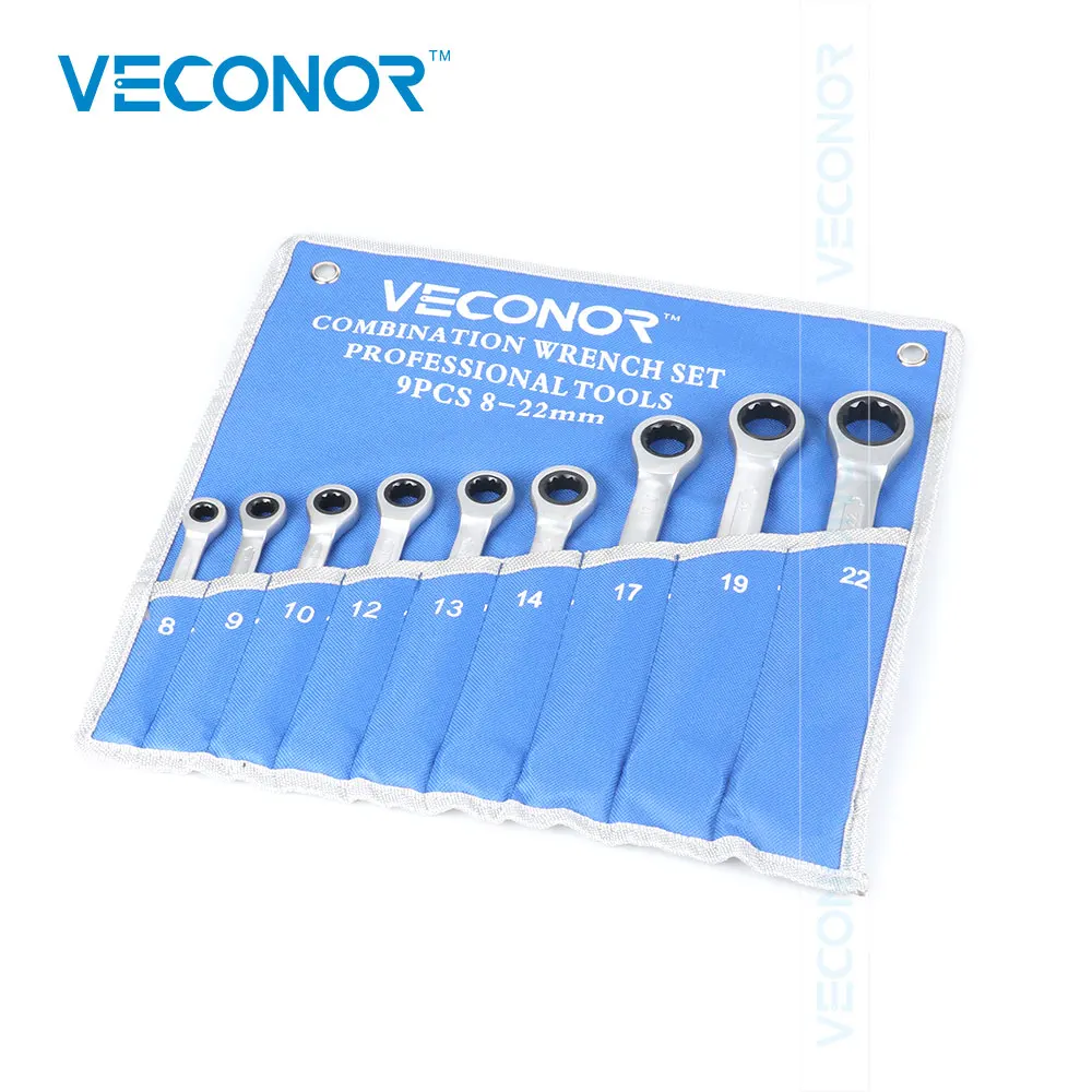 

VECONOR 9pcs Dull Polish Combination Ratchet Wrench Set 8-22mm Fixed Head 72T CRV Steel With Storage Packed