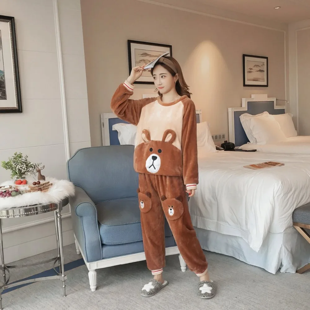 Толстая теплая фланелевая зимняя Пижама женская пижама Толстая Пижама-медведь женский клетчатый костюм Женская Повседневная Теплая Бархатная одежда