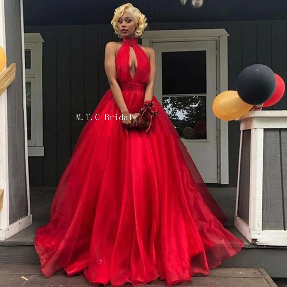 

Graceful Red Organza Long Evening Dress High Neck A Line Floor Length Simple Prom Gowns Cheap Wedding Party Dresses 2019 New