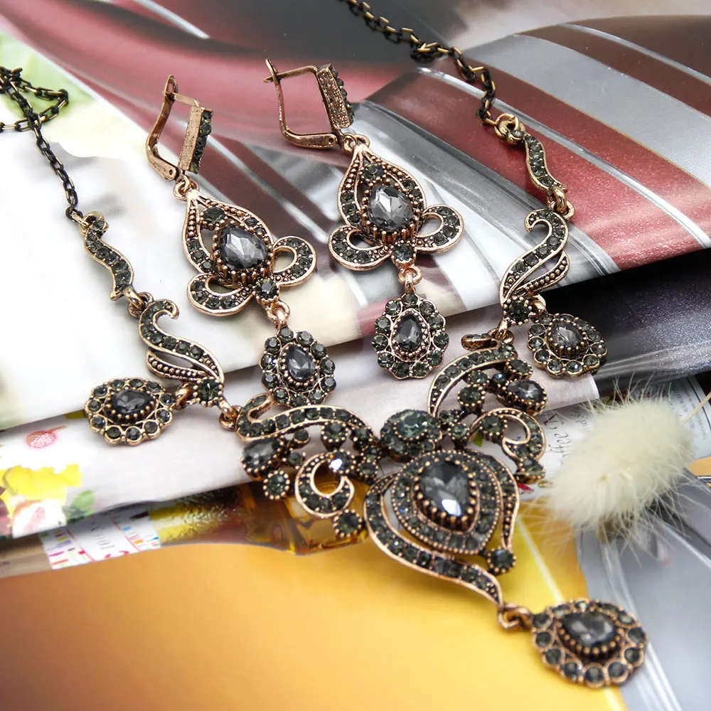 SUNSPICE, MS, Ретро стиль, золотой цвет, турецкие серые стразы, цветочные комплекты из серег и ожерелий для женщин, свадебные, обручальные ювелирные наборы