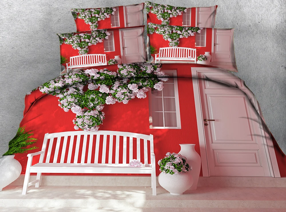 

Red House with Flowers Teng Man 3d effect photo bed linen can be customized photo pattern