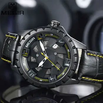 

Megir DESIGN Mens Watches Top Luxury Waterproof Leather Quartz Watch Men Unique Design Hollow Calendar relogio masculino 2019