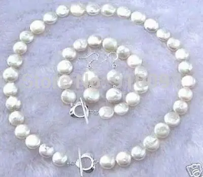 

LHX54013>>11-12MM White Natural Coin Pearl Necklace Bracelet Earring Set