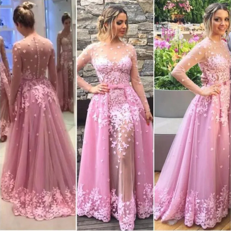 Nueva Elegante Manga Una Línea Vestido Rosa Prom 2018 Cola de Encaje Con Apliques de Noche de Baile Vestido De prom dress|prom dressespink prom - AliExpress