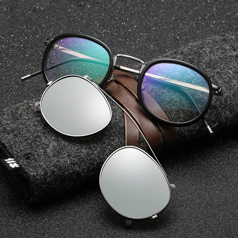 Поляризованные солнцезащитные очки с клипсами, винтажные оправы для очков, круглые очки для вождения, классические очки без рецепта, оптическая оправа - Цвет линз: black silver