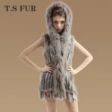 2016 New Genuine Rabbit Fur Vest With hood Real Raccoon Fur Waistcoats Women Long Knitted Rabbit