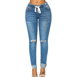 Джинсы для Для женщин женские джинсовые брюки высота эластичной талией отверстие джинсы из денима, тянущиеся узкие штаны Длина джинсовый