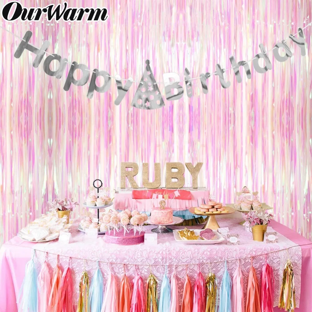

OurWarm Pink Birthday Party Shiny Rain Curtain Glitter Backdrop Color Changable Background Bride to Be Wedding Decoration