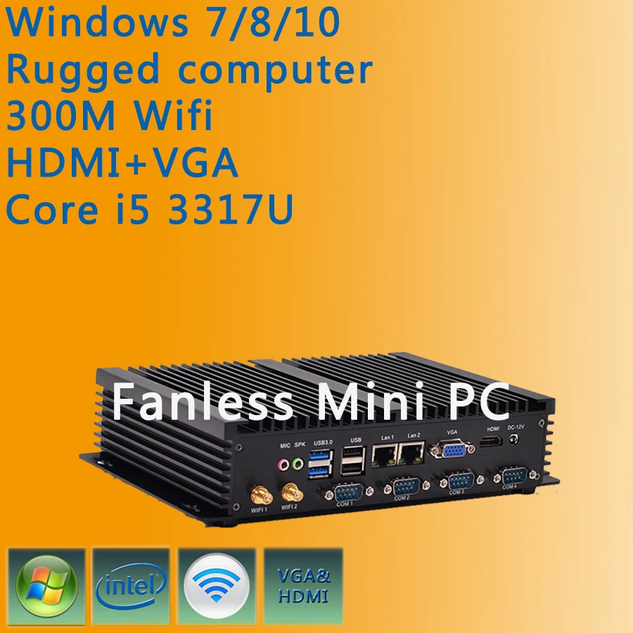 Core i5 3317U Dual Nics 4*RS232 COM industrial PC Rugged computer 300M Wifi BT HDMI+VGA Fanless Mini PC Windows 7/8/10