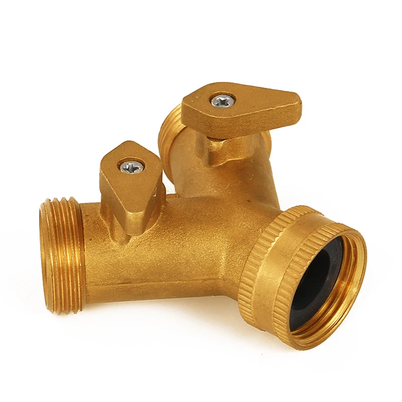 Gardening Irrigation Tool 3/4 Inch 2 Way Splitter Brass Water Hose Tap Quick Connector with Valve