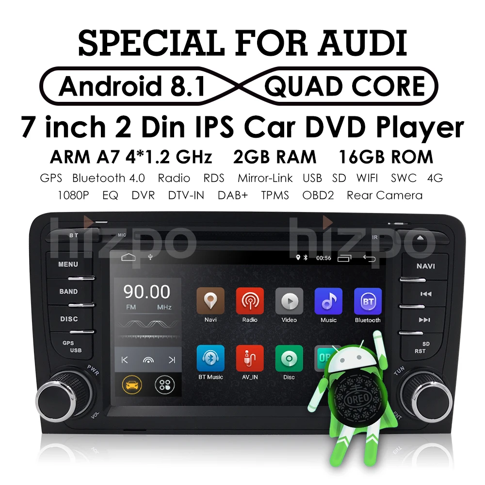 Sale 2Din 7"1024x600 QuadCore 2GB/16GB/32GB Android 9.0 PC Car DVD GPS For Audi A3 S3 2003-2013 With Stereo Radio WiFi 4G OBD DVR CAM 2