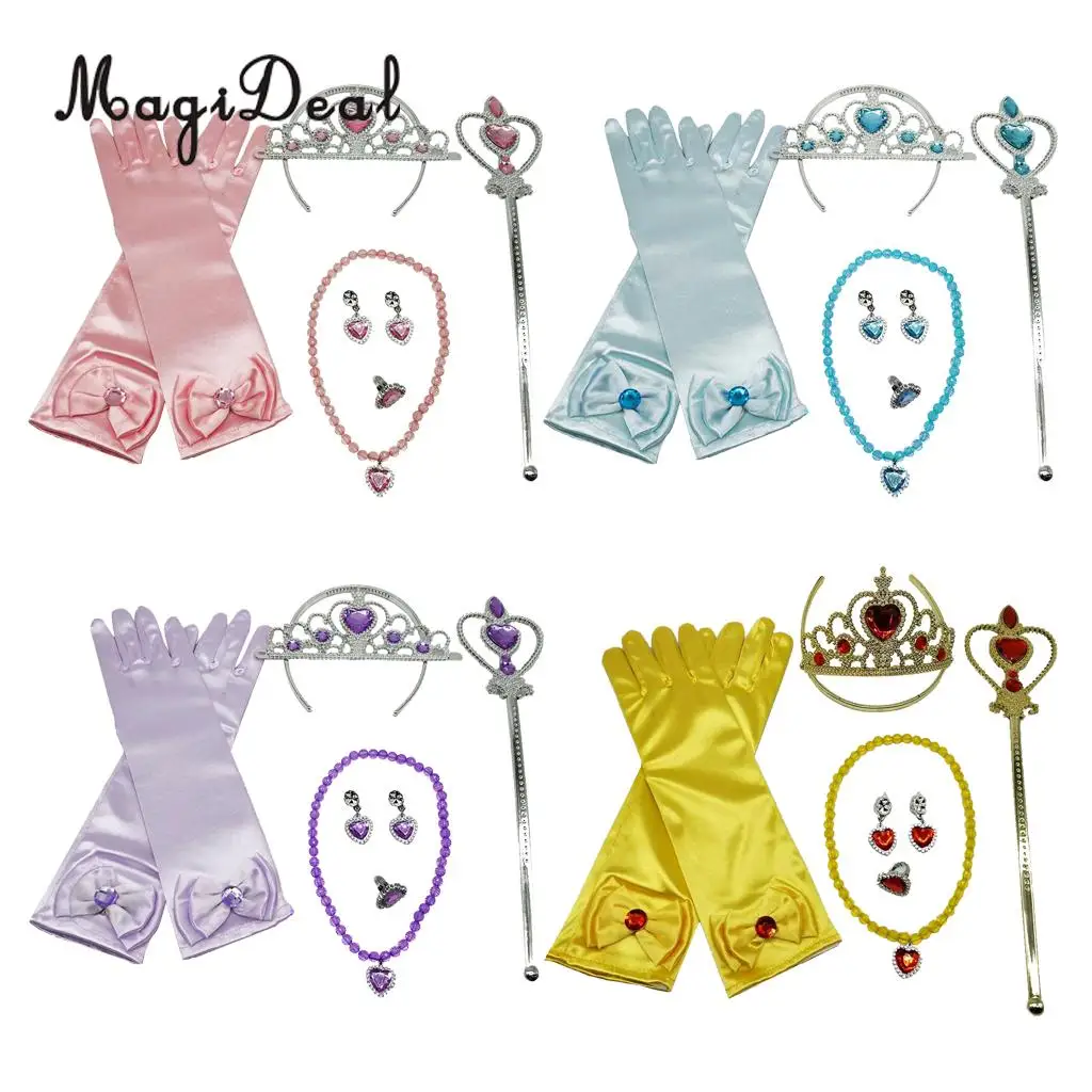 Princess Belle Dress Costume Accessory Glove Wand Tiara Jewerly Set Yellow/Blue/Pink/Purple